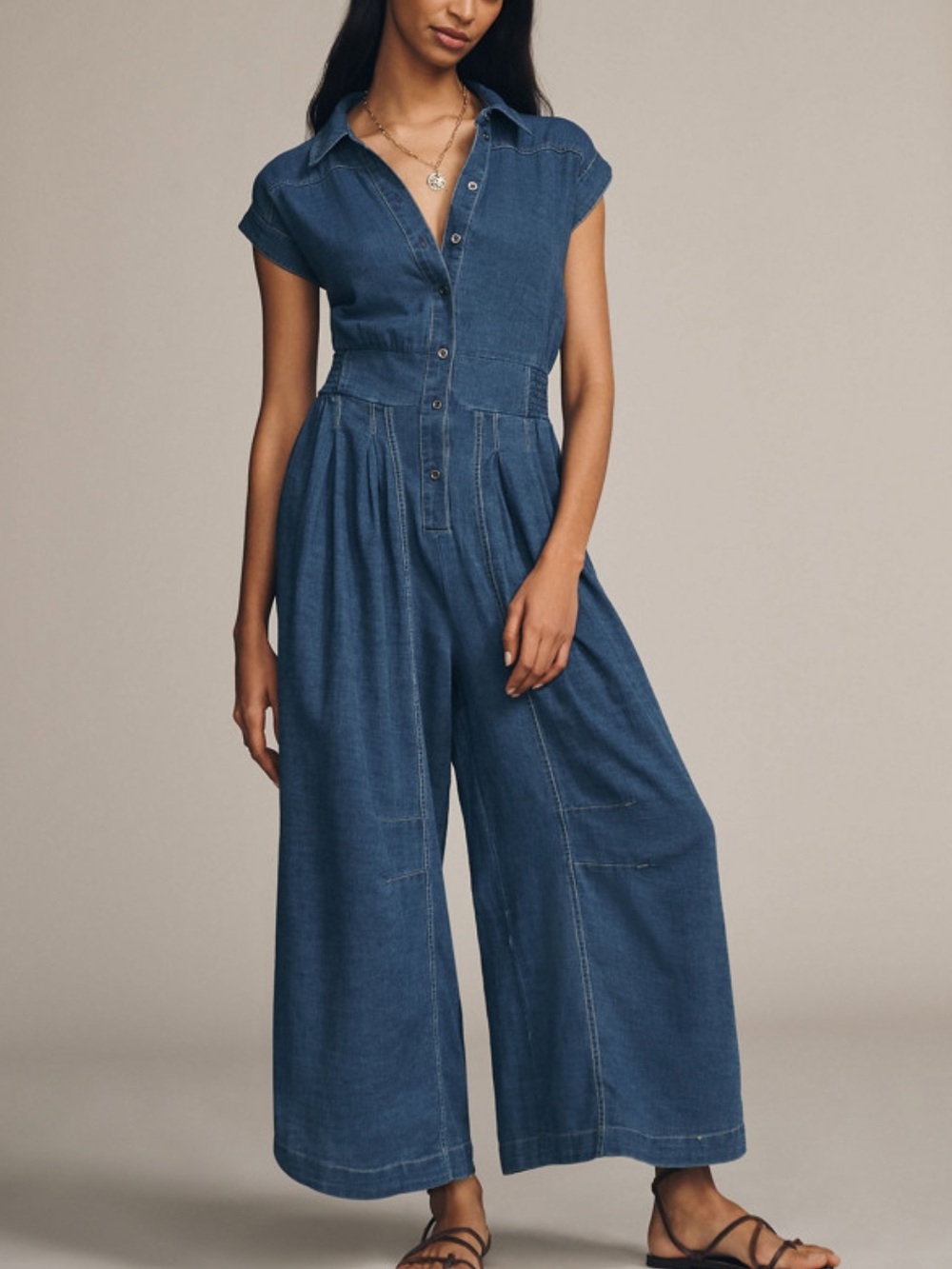 Anthropologie Denim Blue Chambray Wide-Leg Button Jumpsuit